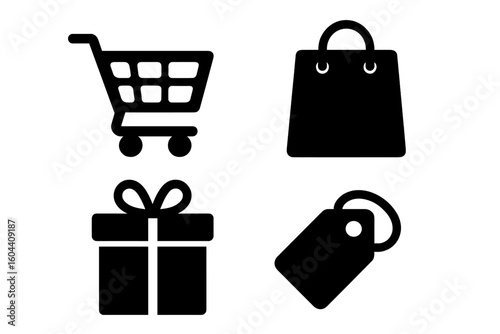 E-commerce and online shopping icons set. Vector collection of retail symbols for web design, mobile apps, and online stores. Includes shopping cart, bag, gift, tag.