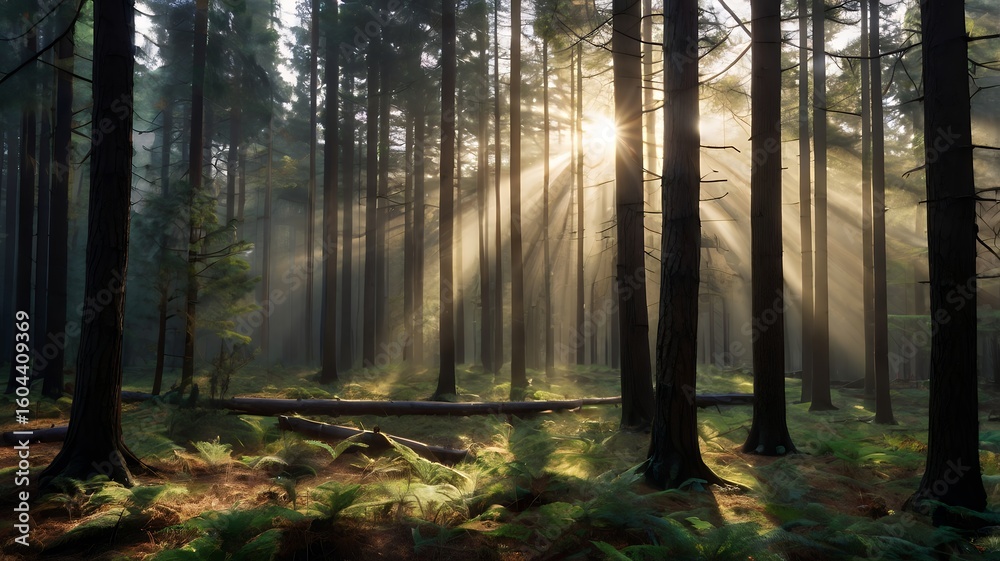 Obraz premium Sunlight Piercing a Misty Forest
