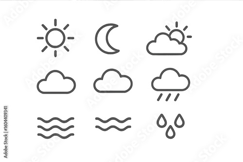 Weather icon pack. Minimalist line art vector set. Sun, moon, cloud, rain, water wave symbols. Simple outline graphic elements for meteorology forecast app UI UX design.