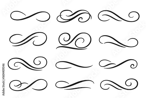 Calligraphic swirls and flourishes collection. Elegant vector swoosh, underline, and divider set. Vintage filigree ornaments for invitations, cards, and decorative design.
