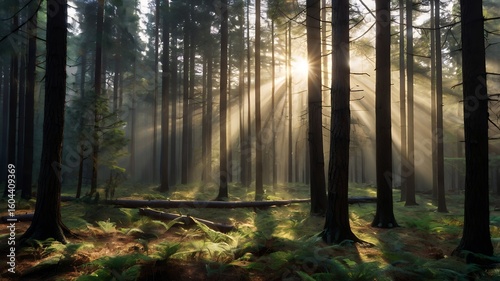 Sunlight Piercing a Misty Forest