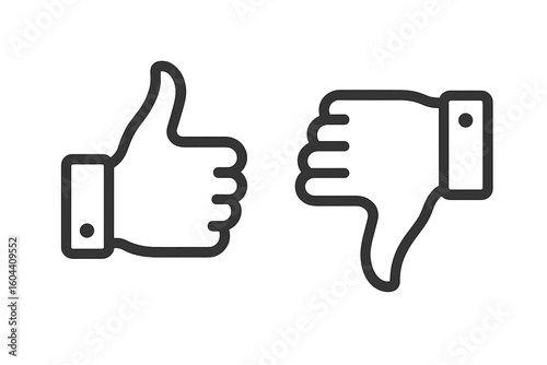 Thumbs up and thumbs down line icon set. Like and dislike hand gesture symbols for social media feedback. Vector illustration for positive or negative rating and approval.