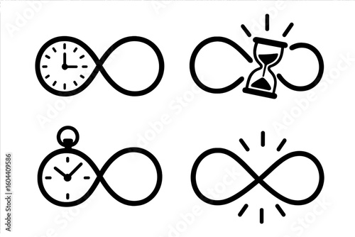Infinity symbol time concept vector icon set. Timeless eternity and endless loop logo collection with clock, hourglass, and pocket watch. Linear graphic illustration.