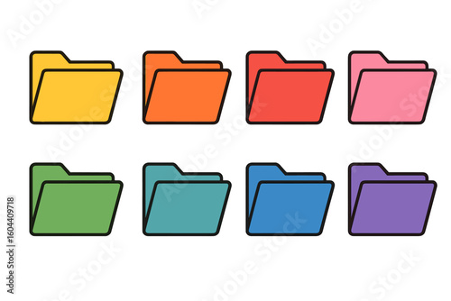 Vector folder icon set. Colorful folders for organization, document and file management. Office storage, digital data, business archive concept. UI UX interface element.