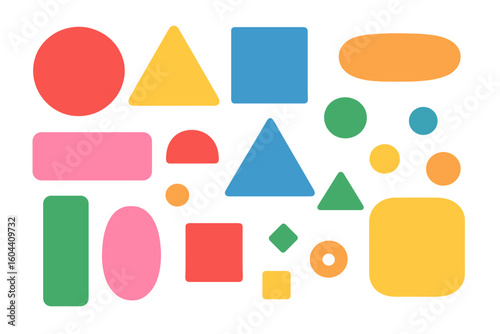 Colorful glowing neon geometric shapes background. Abstract vector illustration with circle, square, triangle. Modern futuristic design for web, banner, presentation.