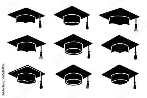 Graduation cap icon set. Mortarboard vector silhouette. University, college, school symbol. Academic ceremony, diploma, degree. Education, success, achievement concept.