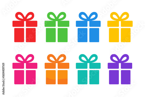 Gift box icon set. Colorful present symbol collection. Holiday, birthday, Christmas celebration. Flat simple package pictogram. Surprise bonus gift vector illustration. Isolated.