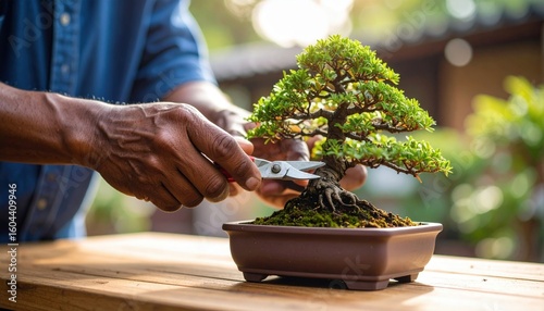 Elderly Hands Pruning Bonsai Tree