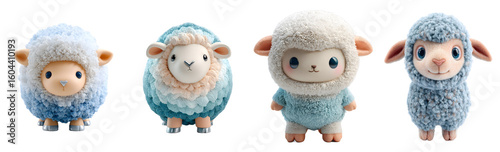 Pack of cute blue cartoon sheep figurines. Adorable, lamb, plush, toy, fluffy, soft, pastel colors, kawaii style, sweet, artifical intelligence, 3d.