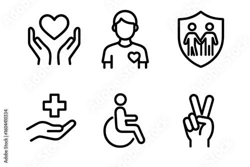 Charity Altruism Icons Set – Inclusive Society, Healthcare, Protection, Disability Aid, Social Support, Volunteerism, Peace Gesture, Humanitarian Care – Vector Illustration