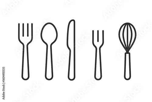 Cutlery icon set. Line art kitchen utensils. Fork, spoon, knife, and whisk symbols. Minimalist vector illustration for cooking, dining, restaurant menu, or recipe design.