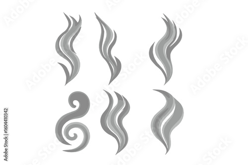 Set of abstract grey smoke, steam, vapor, and smell icons. Vector graphic design elements for hot food, coffee, or tea logos. Isolated illustration collection for creative projects.