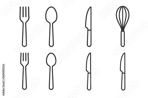 Cutlery icon set with fork, spoon, knife, and whisk. Simple line art vector illustration for kitchenware, dining, and cooking themes. Minimalist restaurant menu elements.
