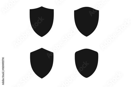 Black shield silhouette icon set on white background, blank heraldic badge collection for web logo design, antivirus interface, cybersecurity protection emblem, vector illustration