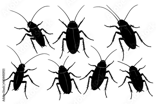 Realistic Cockroach Silhouettes Set, Detailed Vector Illustrations of Cockroaches in Multiple Poses, Insect Isolated Icons, Pest Control Concept, Editable Clipart for White or Transparent Backgrounds