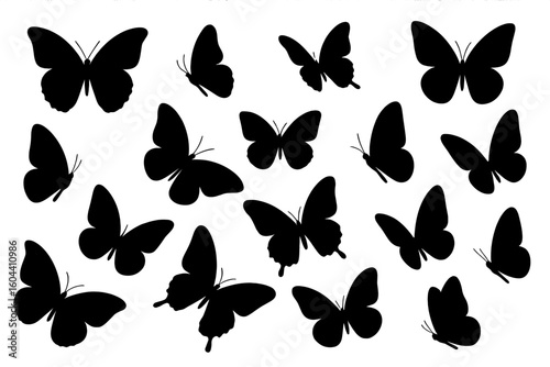 Big set of black butterfly silhouettes. Collection of flying and resting butterflies in diverse shapes and sizes. Insect vector icon pack for design, isolated on white.