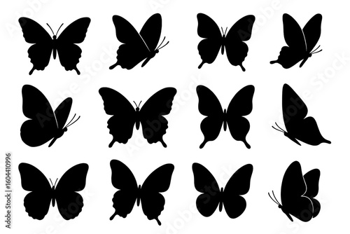 Set of butterfly silhouettes in various shapes and sizes. Collection of flying and resting butterflies icons. Vector graphic elements for design isolated on white background.