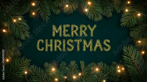 Festive holiday greeting featuring Merry Christmas elegantly adorned with pine branches and twinkling lights during the winter season