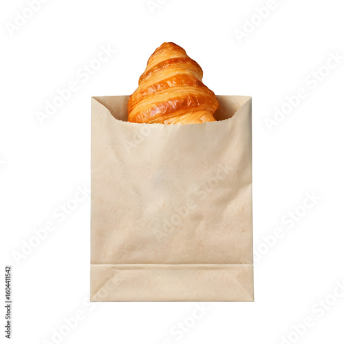 a croissant wrapped in a paper bag on transparent background