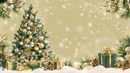 Elegant Christmas tree adorned with golden decorations and surrounded by gifts in a festive winter setting