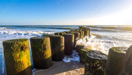 Fototapeta Naklejka Na Ścianę i Meble -  Seascape with wooden breakwaters and ocean waves at the Baltic sea coast