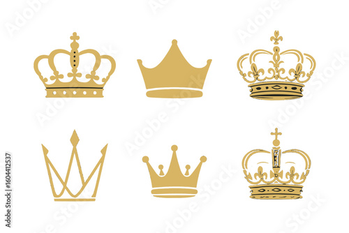 Golden crown vector illustration set. Royal crowns collection for luxury and elegance concepts. Royalty emblem and monarch symbol. Vintage, classic and modern heraldic logo icons.
