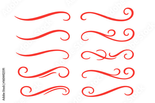 Set of red vector swash tails and swoosh flourishes. Elegant calligraphy underlines and curves for sports typography, creative graphic design, text dividers, and branding.