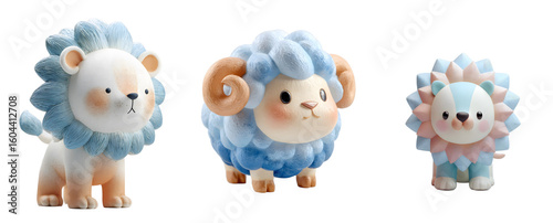 Pack of cute cartoon animals, lion and sheep figurines. Adorable, 3D, toys, pastel colors, illustration, kawaii, sweet, plush, mascot, digital art.