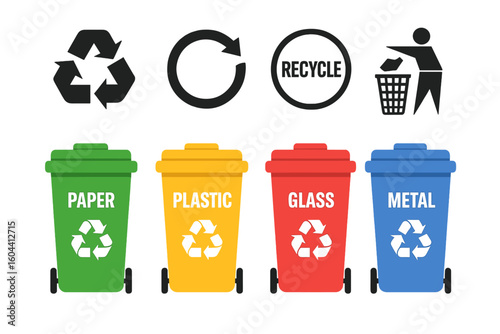 Recycling bins for waste separation. Vector set of trash containers for paper, plastic, glass, metal. Garbage sorting management. Ecology and environment concept icons.