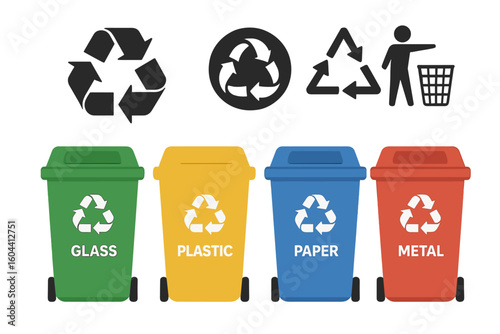 Recycling bins for waste separation vector illustration. Trash cans for paper, plastic, glass, metal. Garbage sorting container icon set. Ecology and environment concept.