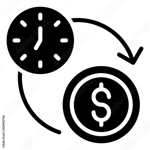 Time Value Glyph Black Silhouette Icon Vector Design - Clock and coin illustrate the concept of time value of money or timely investment returns