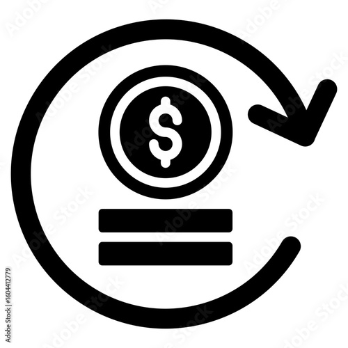 Auto Payment Glyph Black Silhouette Icon Vector Design - Coin with circular arrow indicates automated payments, recurring transactions, or money cycle