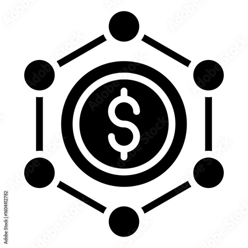 Decentralized Finance Glyph Black Silhouette Icon Vector Design - Coin inside hexagonal network illustrates decentralized finance or blockchain financial systems