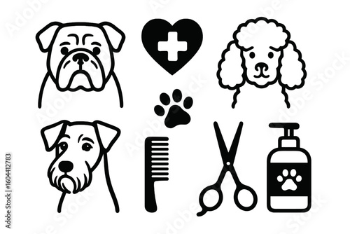 Dog grooming and pet care vector icon set. Bulldog, poodle, terrier heads. Vet symbol, scissors, comb, shampoo. Animal salon or pet shop concept illustration.