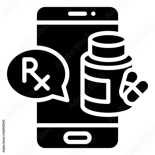 Online Prescription Glyph Black Silhouette Icon Vector Design - Smartphone showing prescribed pills, indicating digital pharmacy or e-prescription services