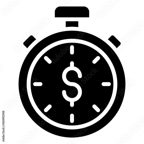 Time Finance Glyph Black Silhouette Icon Vector Design - Stopwatch with dollar symbol represents urgency in financial decisions or timed investment returns