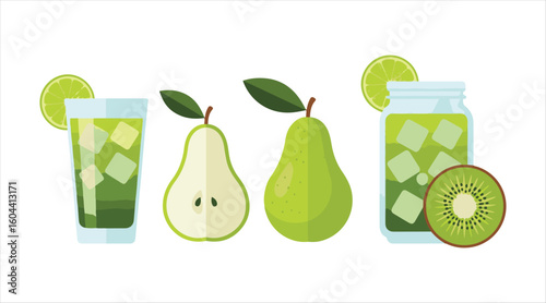 Green olives, avocados, green pears, green bell peppers, lime wedges, and a slice of kiwi. Green cocktails served in a glass and a glass jar, vector flat material design.
