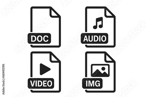 File type icon set. Document, video, audio, image file format symbols. Simple line pictogram collection for web design. Flat glyph icon pack for ui, ux, app interface.