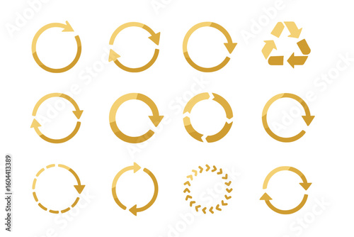 Golden circle arrows vector icon set. Gold recycling, reload, refresh, and loop symbols. Circular rotation and workflow process signs for business and ecology concepts.