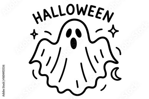 Spooky Halloween Ghost Line Art Vector Illustration – Scary Cartoon Spirit, Halloween Party Decor, Black and White Clipart, Festive October Design, Transparent Background