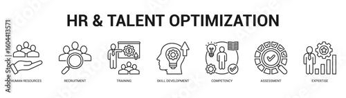 HR and Talent Optimization Modern and clean web banner illustration featuring thematic icons for visual communication