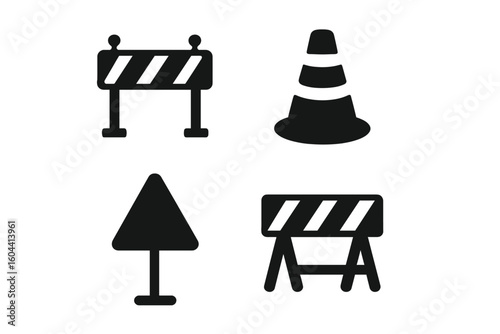 Road work and construction site vector icon set. Traffic cone, street barrier, and warning sign silhouettes. Under construction and safety caution graphic elements for design.