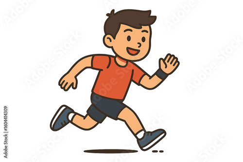 Happy cartoon boy running. Cute kid runner character jogging. Child in sportswear doing exercise. Vector illustration for sports, animation, and training projects.