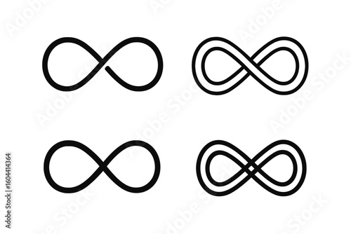 Infinity symbol vector icon set. Black and white abstract modern logo for branding. Simple, clean, and complex endless loop or infinite knot for design projects.
