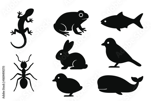 Animal silhouette vector icon set. Collection of diverse wildlife including lizard, frog, fish, ant, rabbit, bird, chick, and whale. Minimalist icons for nature concepts.