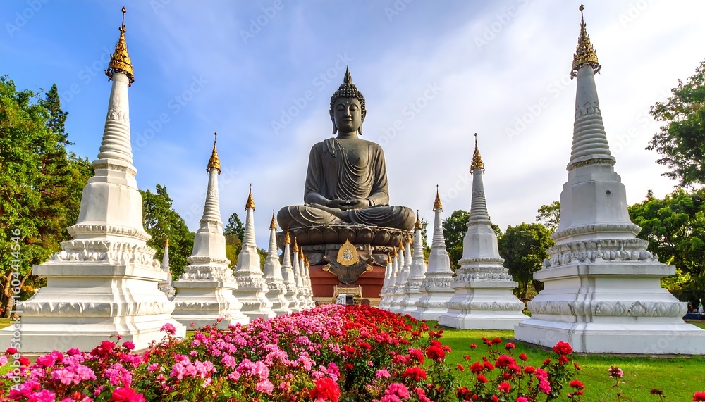Fototapeta premium Serene Buddha Statue Surrounded by Pagodas and Flowers at Wat Bot Temple Thailand