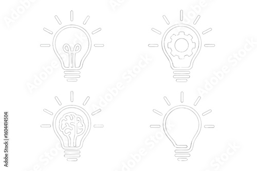 Thin line lightbulb icon set with plant sprout, cogwheel, brain and empty bulb symbolizing innovation, creativity, idea brainstorming, tech startup business concept illustration
