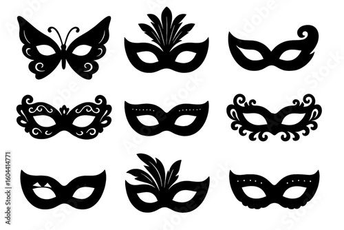 Elegant Masquerade Mask Silhouettes Collection. Decorative Carnival Mask Set. Black Venetian Party Masks, Butterfly, Feathers, Swirls. Icon Isolated on Transparent Background Vector