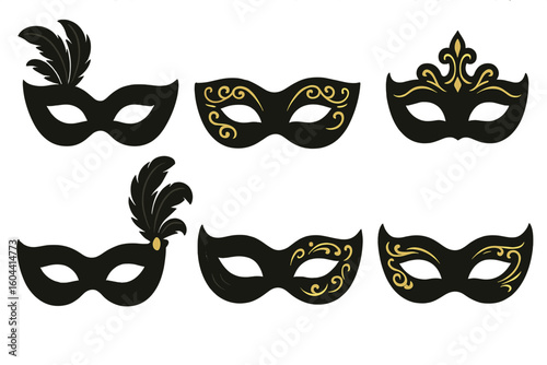 Elegant black masquerade mask set with gold filigree, feathers and Venetian carnival party costume accessories, isolated vector illustration collection on transparent background
