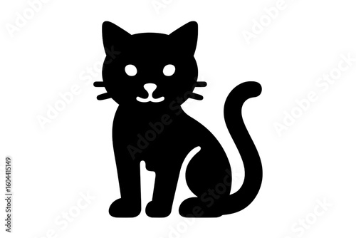 Black cat silhouette icon. Simple cute domestic kitty symbol for logo. Feline pet vector illustration for stencil, vet clinic, or animal shelter. Cartoon kitten design.